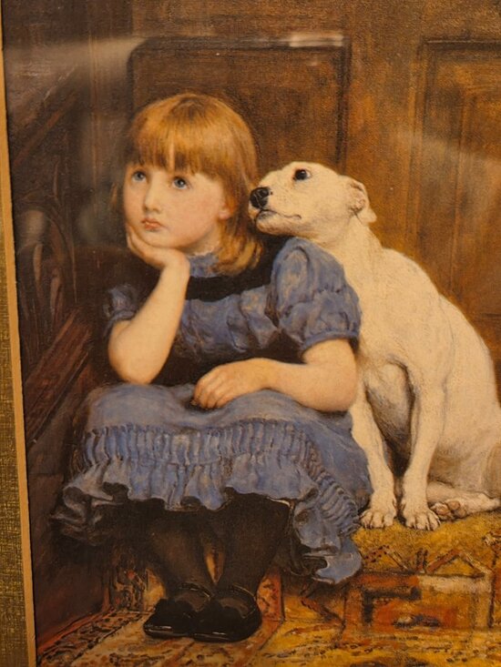 Briton Riviere  vintage framed print Briton Rivera sympathy little girl and dog sitting on step